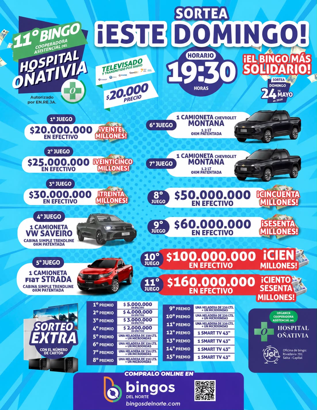 ESTE DOMINGO SE JUEGA EL BINGO DEL HOSPITAL OÑATIVIA Y YA PODÉS COMPRAR TU CARTÓN ONLINE EN BINGOS DEL NORTE